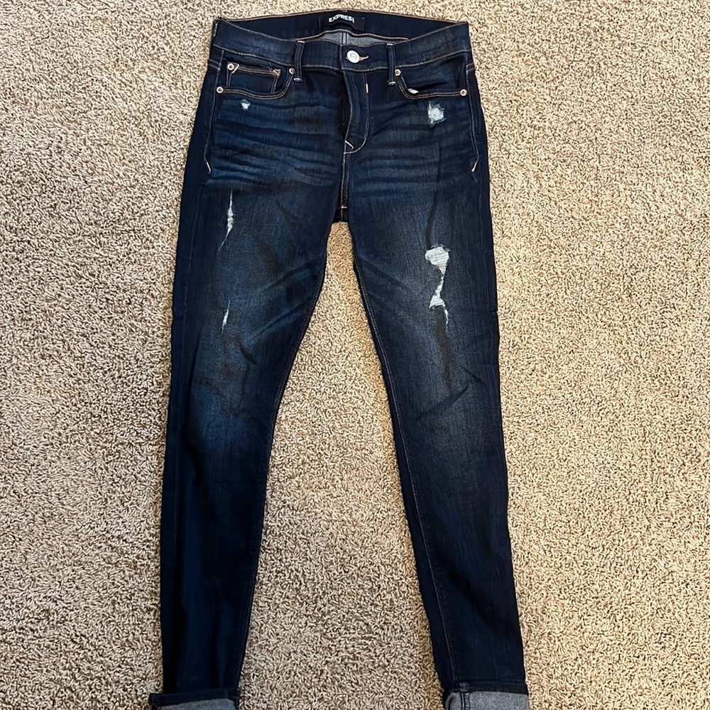 Express Women's Skinny Jeans in Dark Blue with Distressed Detail